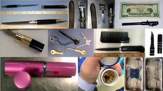 From left to right, top to bottom, these are just a few examples of the concealed items that were discovered in carry-on bags last year: Pen knife, belt buckle knife, pen gun, lipstick knife, key knives, comb knife, flashlight knife, lipstick stun gun, knife hidden in pill bottle and throwing star hidden in cell phone case. (Image: TSA)